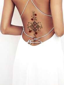 1 张大尺寸人体艺术临时纹身贴纸，适用于女性，线性箭头指南针玫瑰花朵图案，防水假纹身，持续 2-5 天，遮盖疤痕，可用于手臂手腕肩膀腿腰颈部手胸部大腿手指 - 黑色 - 查看 3