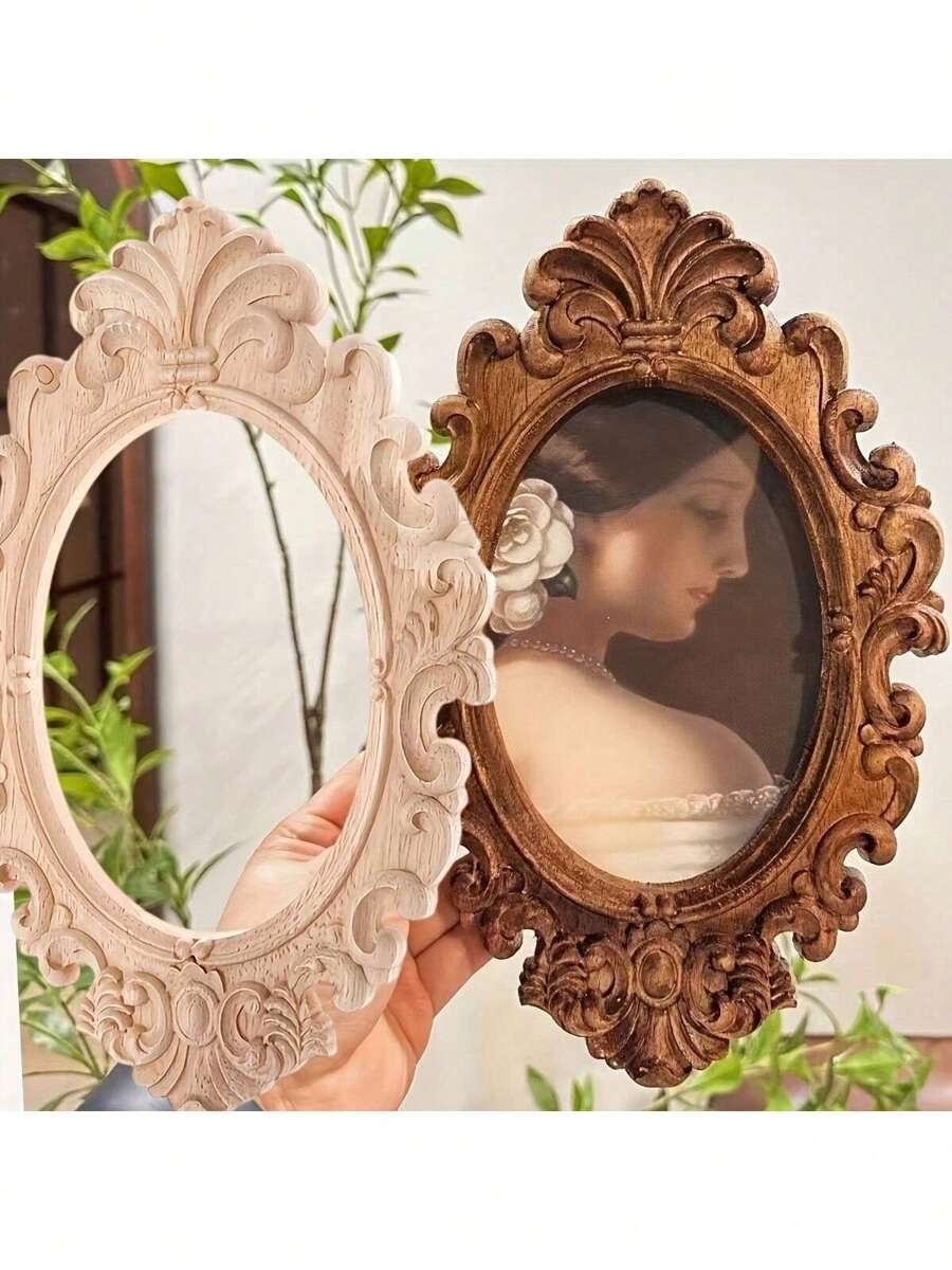 1 件欧式风格未完成木质相框圆盘，带木雕贴花镶嵌 - 大圆形切口 31x20cm，适用于婚礼、门、家居装饰