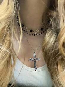 Set da 3 collane in stile bohémien con perle finte nere a forma di croce/pentagramma, con cristalli e perline, include collane a forma di stella, cuore e motivi gotici, adatto a amiche, sorelle, donne, per uso quotidiano