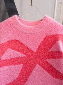 Girls' Street Style Bow Knit Sweater, Faux Fur Trim, Suitable For Casual Wear In Spring, Autumn And Winter