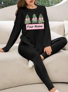 Personalized Plus-Size Women's Pink Christmas Tree & Gift Name Custom Print Lounge Set - Cozy Long Sleeve Crew Neck Top & Stretchy Pants, Soft Polyester Blend, Machine Washable - Perfect For Holiday Home Comfort, Cozy Home Outfit, Casual Comfort Wear, Machine Washable Loungewear, Fall