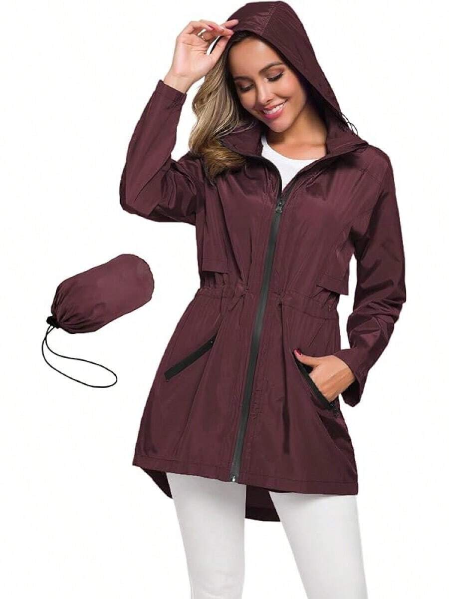 Women's Long Raincoat With Hood Outdoor Lightweight Windbreaker Waterproof - Màu Đỏ Sâu - Xem 1