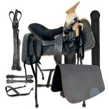 Montura Silla Charra para Caballo de Vaqueta Premium con Asiento Ortopédico-Cantinas-Arsiones Ajustables Equipada Con Carona y Cincho - Negro - Ver 1