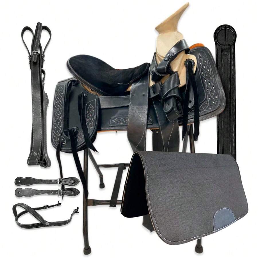 Montura Silla Charra para Caballo de Vaqueta Premium con Asiento Ortopédico-Cantinas-Arsiones Ajustables Equipada Con Carona y Cincho - Negro - Ver 1