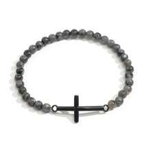 Bracciale da uomo con croce in metallo color acciaio, accessori metallici cool e hardcore con perline di calcedonio rosso cremisi lucido da 4 mm e pietre preziose