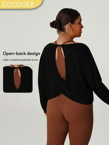 大码女式轻薄透气露背休闲健身运动长袖T恤罩衫黑色春季款 - 黑色 - 查看 1