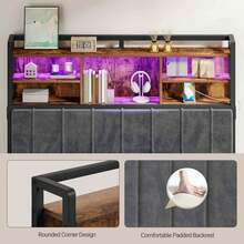 Headboard With 3-Tier Storage Shelves, Velvet Upholstered Head Board With 2 Outlets, USB Ports & LED Light, Soft Backrest For Full Size Bed, Rustic Brown And Black