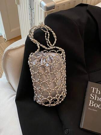 1pc Solid Color Hollow-Out Beaded Acrylic Open Tote Bag, Elegant For Commuting, Suitable For Women All Season