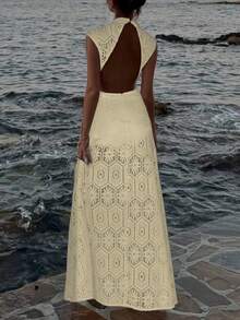 波西米亚风钩编浪漫沙滩长裙，针织提花露背A字裙，适合夏季海滩度假，优雅迷人，也适合婚礼季。#派对造型 #海滨风情 #约会装扮 #音乐节 #婚礼季 #度假 - 杏色 - 查看 3