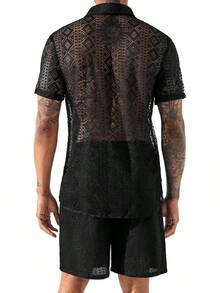 Men Summer Casual Short Sets Lace Short Sleeve Button Down Shirt Elastic Waist Shorts 2 Piece Outfits Tracksuithalloween - 橘色 - 查看 3