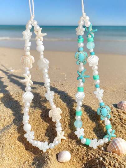 1pc Summer Ocean Life Vacation Style Beaded Lanyard Phone Strap, Travel Accessory Pendant