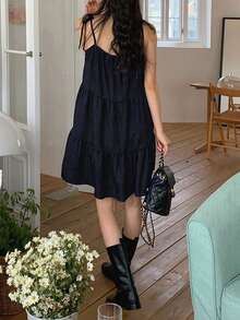 2025 夏季法式复古层叠荷叶边下摆休闲宽松 A 字形吊带连衣裙，女士时尚套装 - 藏蓝色 - 查看 4