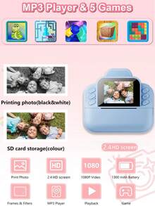 1 Pezzo Fotocamera istantanea per bambini, Schermo HD da 2,4", Zoom digitale 16X, Video 1080P, Lettore MP3, 20 cornici e 5 filtri, 4 effetti specchio, 3 rotoli di carta per stampa inclusi, Ricarica USB Type-C, Dotata di cordino per fotocamera, Graffiti personalizzati divertenti, Batteria ad alta capacità da 1300mAh