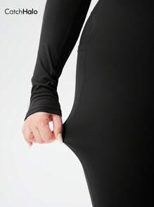 Catch Halo Zip Up 4-Way Stretch Plus Size Bodysuit For Women - Crew Neck & Long Sleeve Jumpsuit With Side Pockets | Tummy Control & Butt Lifting Body Slimming Workout Romper | Breathable Squat Proof Workout Set For Gym, Yoga, Pilate, Running, Cycling (Black, 0XL~2XL)