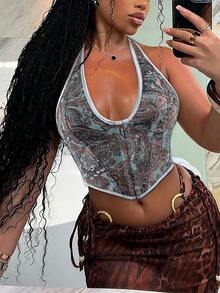 Apperloth A Y2K Vintage Leopard Print V-Neck Boned Grommet Eyelet Front Lace Up Back Halter Corset Shapewear Party Crop Vest Top - 彩色 - 查看 3