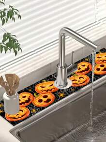 1pc/100pcs Halloween Theme Sink Mat, Funny Pumpkin & Theme Element Draining Mat, Halloween Home Decor, Kitchen Sink Decor. Party Gathering Home Decoration.