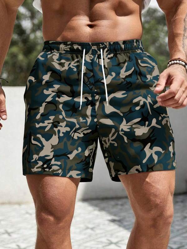 Men's Blue Camouflage Print Loose Straight Casual Shorts, Textured Print Comfortable Versatile Sports Bermuda Shorts For Summer