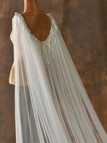 1 pieza Capa nupcial larga con flecos, chal decorado con lentejuelas con broche, elegante para que las mujeres asistan a fiestas de noche, ropa casual de otoño para mujeres