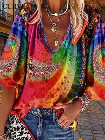 Plus Dam Mönstrad V-ringad Midärmad Casual T-shirt