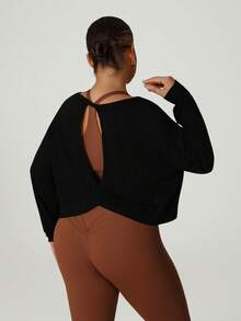 大码女式轻薄透气露背休闲健身运动长袖T恤罩衫黑色春季款 - 黑色 - 查看 6