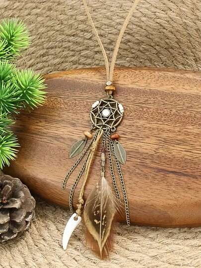 Dây chuyền bùa bắt giấc mơ phong cách Bohemian, mặt dây chuyền dài tua rua lông vũ cổ điển, phụ kiện không thể thiếu cho trang phục nghệ thuật.