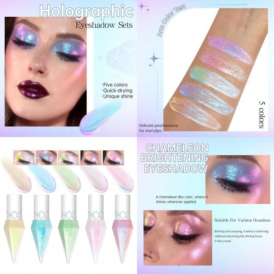 5 Colors Liquid Glitter Eyeshadow Set Chameleon Metallic Shimmer Diamond Eyeliner Sparkle Eyeshadow Waterproof Long Lasting Holographic Eye Brightener Chrome Highlighter Makeup - 5Màu sắc - Xem 1