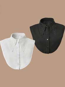 1 件女士刺绣蕾丝领，经典时尚雪纺假领，适合运动衫/运动衫，黑色和白色