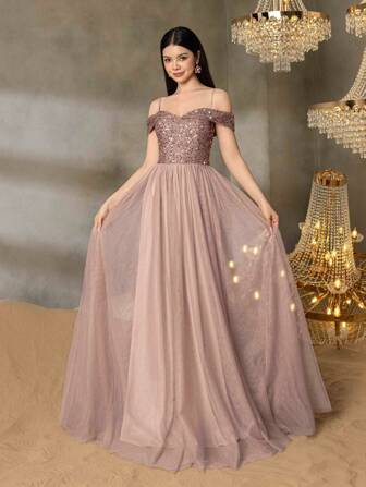 ALISA&LEO 少女亮片 A 字晚礼服 - 露肩鸡心领口、透明薄纱裙和合身亮片紧身胸衣，适合毕业舞会、婚礼宾客服装、正式晚宴和豪华晚会