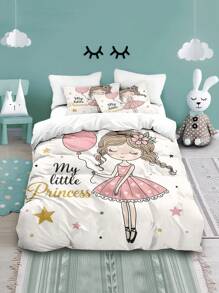 4 件我的小公主印花羽绒被套和枕套套装，带羽绒被套的床上用品套装，柔软顺滑的拉链设计，适用于客房、卧室、单人/双人床（包括 1 个羽绒被套 + 2 个枕套 + 1 张床单，不含被子或枕头）