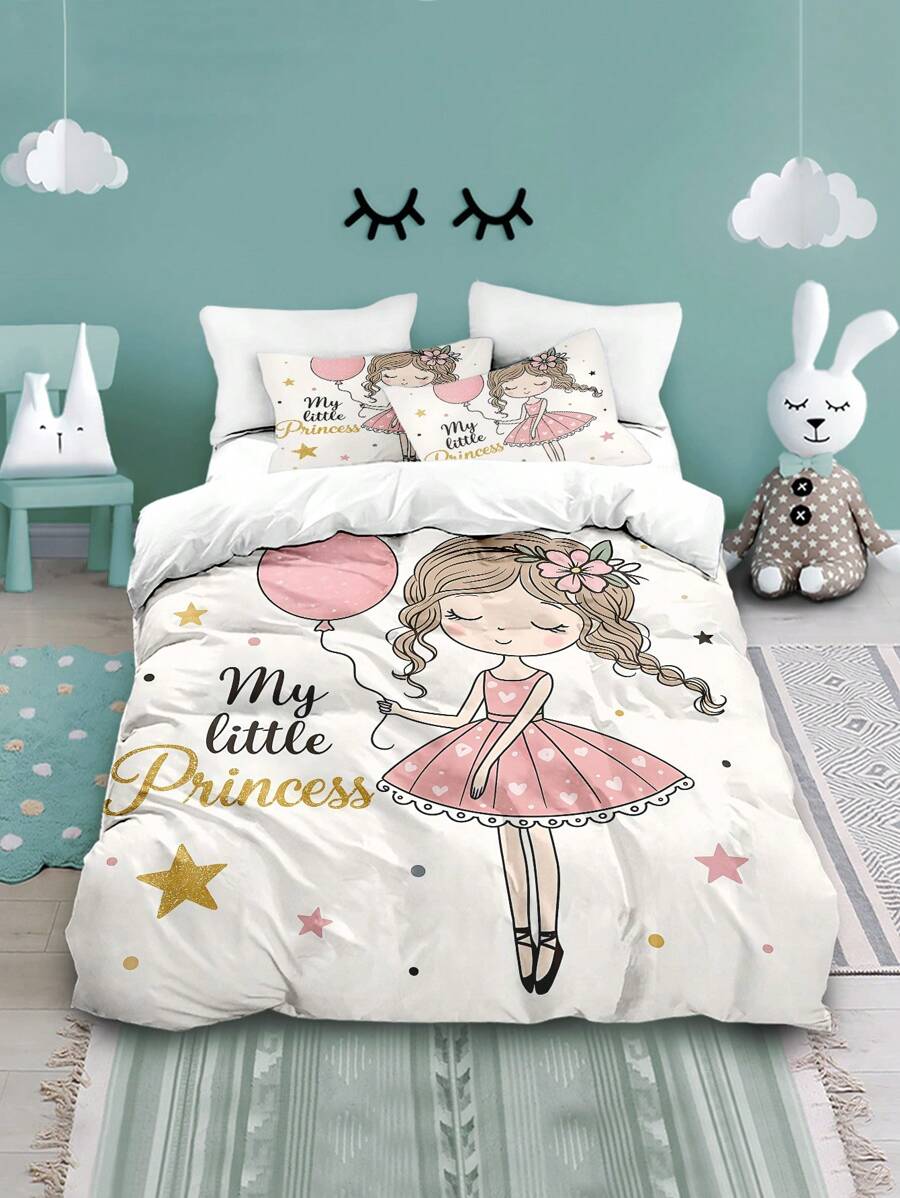 4 件我的小公主印花羽绒被套和枕套套装，带羽绒被套的床上用品套装，柔软顺滑的拉链设计，适用于客房、卧室、单人/双人床（包括 1 个羽绒被套 + 2 个枕套 + 1 张床单，不含被子或枕头）
