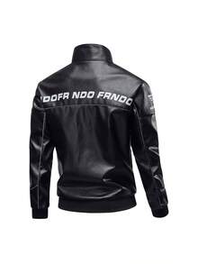 New Motorcycle Leather Jacket Men, Color Block Racing Coat Jackets, Loose Fit Brand,Fleece,Winter - Black - View 3