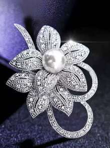 1 件时尚合金双花瓣仿珍珠水钻胸针，百搭服装配饰，银色 - 完美的礼物办公室配饰衬衫夹克珠宝圣诞节万圣节 - 彩色 - 查看 4
