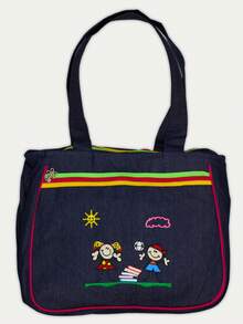 bolsa educadora de mezclilla morral bordado surtido bolso funcional para niñas niños escuela materiales duraderos diseño moderno mochila escolar casual accesorios moda niños - Azul Marino - Ver 5