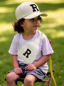 2件套A-Z字母棒球帽和包，适合男孩，时尚团队运动遮阳帽，带可调节肩带 - 旅行腰包斜挎包 - 米色 - 查看 4