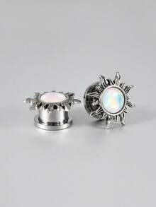 1Pair Retro Shiny White Flash Sun Saddle Ear Plugs Tunnels Stainless Steel Pulley Thread Ear Strengther Gauge Expander Weight Piercing Body Jewelry - 1 Pair Of White Flash Sun Ear Expansion - View 16