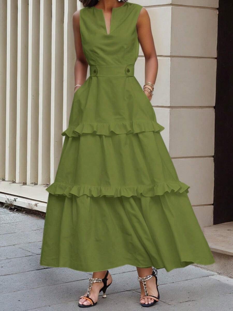 Women's Summer Clothes Sleeveless Cotton Dresses For Women Loose V-Neck Ruffled Tiered Wedding Guest Dress Women With Pockets High Waisted Buttoned Plus Size Dresses - 軍綠色 - 查看 1