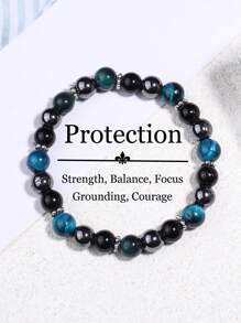 天然蓝虎眼石和熔岩石男士保护手链 - 力量、勇气、赤铁矿疗愈冥想精神珠宝礼物，适合女性和男性