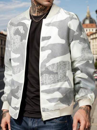 Spring & Autumn Men's Random Print Pattern Casual Sports Short Zip-Up Jacket Coat, Baseball Collar, Suitable For Outdoor Wear