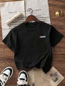 Camiseta de cuello redondo de manga corta con estampado casual para niños y adolescentes estudiantes, top de verano - Negro - Ver 4