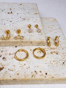 4对简约花卉锆石耳钉，可叠戴，女士款；精致14K镀金夹式耳夹；小巧扁平耳钉，适合耳垂、耳骨及多个耳洞佩戴 - 4Pairs-Gold1# - 查看 2