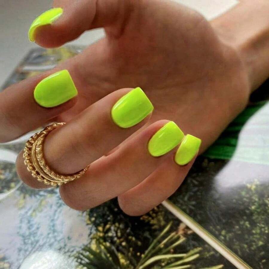 MNeon Green Pr On Nails Short Square Natural Gel Nails Glue On Acrylic Nails Pr Ons Featured Protective Coat Thick Reusable Fake Nails Solid Color 24 Short Coffin Artificial Nails8001 - 光澤霓虹綠色 - 查看 1