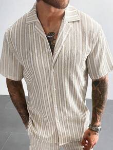 Áo sơ mi nam tay ngắn in sọc cài nút phía trước thời trang mùa hè - Màu Khaki - Xem 3