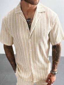 男士休闲条纹前扣短袖衬衫，夏季