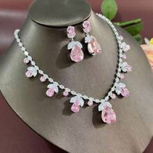 3PCS Universal Fashion Zirconia Luxury Necklace Circle Pink Tulip Suit Ins Live Burst Wear Slide Slide