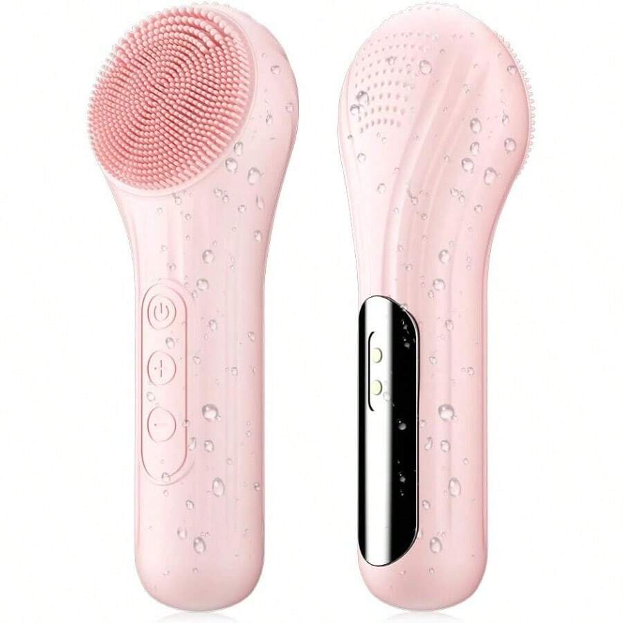 Silicone Face Scrubber Facial Cleansing Brush With Heating And Vibration Electric Waterproof Face Wash Brush With 5 Strength Adjustable For Exfoliating Deep Cleaning And Face Massaging Pink - 粉色 - 查看 1