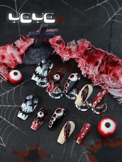 Elevate Your Style With Handmade 10pcs Coffin Shape Medium Long White Red Bloody Eyes Hallowmas Boho Full Coverage Fake Nails Set Funny 3d Three-Dimensional Decoration Eyeball Funny Face Nordic Full Cover Press On Nail Kit For Girls And Women With 1pc Mini Nail File & 1 Sheet Adhesive Tabs Modern Gradient White False Nails