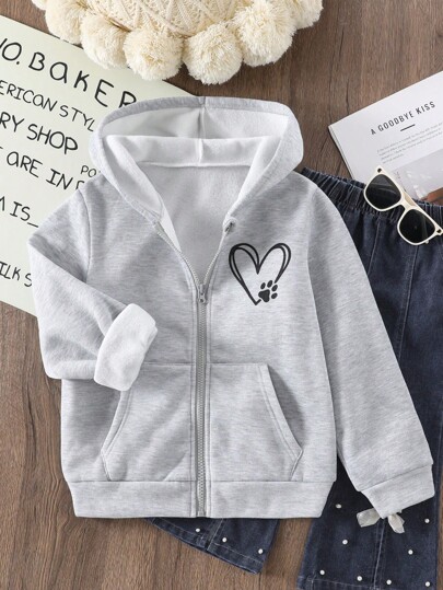 Sudadera con capucha con cierre de cremallera, forro térmico, estampado de corazón, versátil y casual para niñas preadolescentes, otoño/invierno 2024