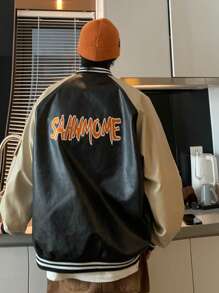 Men's Autumn PU Leather Varsity Jacket, Patchwork Color Block Flight Jacket, Casual Commuter Street Style