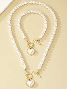 2 pezzi/Set Gioielli da donna, Set Collana e Braccialetto con Ciondolo a Forma di Cuore e Perle, Stile Bohémien, Adatto per Spiaggia, Feste, Uso Quotidiano Casual - Bianco - Visualizzare 4