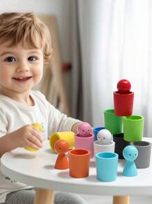 Juguete de madera, muñecas de clavijas en tazas, juguetes Montessori para niños de 3 años+, juegos de emparejamiento de madera preescolares para aprender clasificación de colores y contar